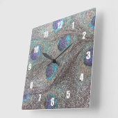 Silberne Glitterpfaufedern Quadratische Wanduhr (Winkel)