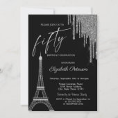 Silberne Glittertropfen, 50. Geburtstag Eiffelturm Einladung (Vorderseite)