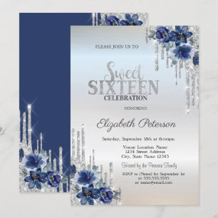 Silberne Glittertropfen Blaue Blumen Silber Sweet  Einladung