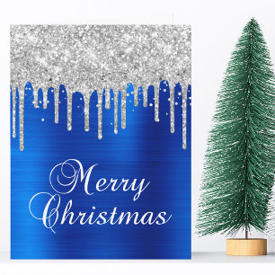 Silberne Glittertropfen Blaue Metallic Frohe Weihn Karte