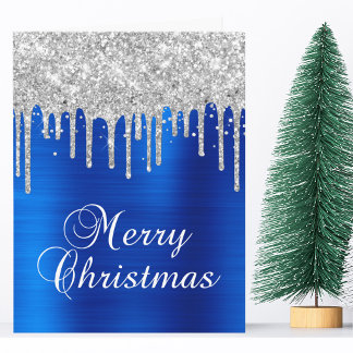 Silberne Glittertropfen Blaue Metallic Frohe Weihn Karte