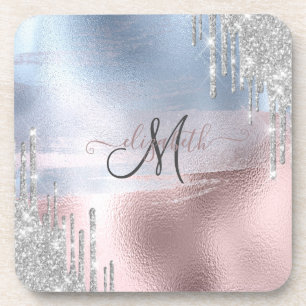 Silberne Glittertropfen Blaue Rose Gold Metallisch Getränkeuntersetzer