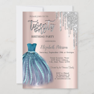 Silberne Glittertropfen, Blaues Kleid 21. Geburts Einladung