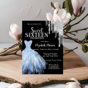 Silberne Glittertropfen,blaues Kleid Schwarzes Swe Einladung