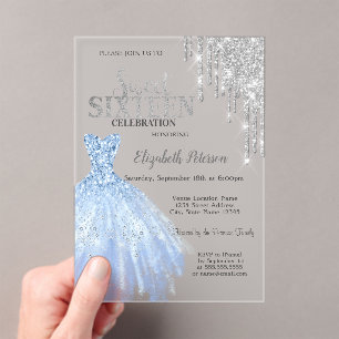 Silberne Glittertropfen,blaues Kleid Sweet 16 Acryleinladungen