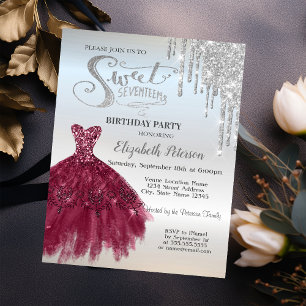 Silberne Glittertropfen,Burgunder Kleid Sweet 17 Einladung