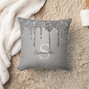 Silberne Glittertropfen funkeln Monogramm Name Kissen