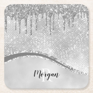 Silberne Glittertropfen & Funkeln, Name & Monogram Rechteckiger Pappuntersetzer