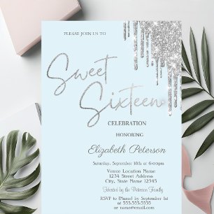 Silberne Glittertropfen Hellblau Einfach Sweet 16 Einladung