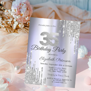 Silberne Glittertropfen Helllila 35. Geburtstag Einladung