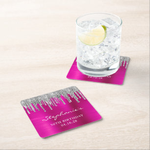 Silberne Glittertropfen Hot Pink 50. Geburtstag Rechteckiger Pappuntersetzer