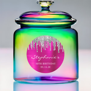 Silberne Glittertropfen Hot Pink 50. Geburtstag Runder Aufkleber