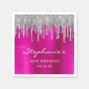 Silberne Glittertropfen Hot Pink 50. Geburtstag Serviette