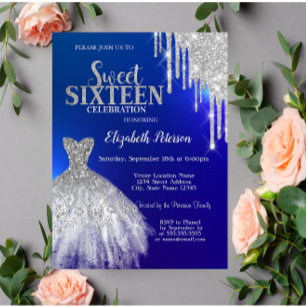 Silberne Glittertropfen, Kleid Blau Sweet 16 Einladung