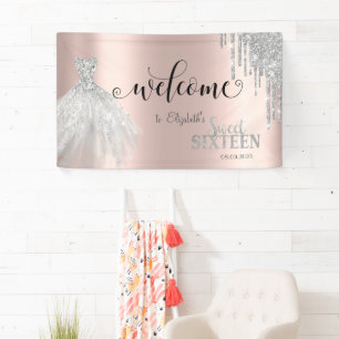 Silberne Glittertropfen, Kleid Roségold Sweet 16   Banner