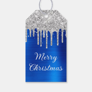 Silberne Glittertropfen königsblau Frohe Weihnacht Geschenkanhänger