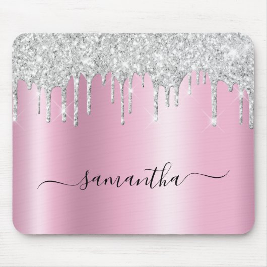 Silberne Glittertropfen rosa Schimmer Mousepad (Vorne)