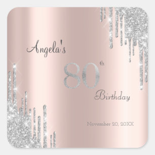 Silberne Glittertropfen Roségold 80. Geburtstag Quadratischer Aufkleber