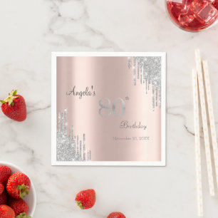 Silberne Glittertropfen Roségold 80. Geburtstag Serviette
