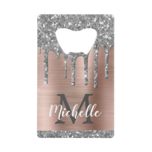 Silberne Glittertropfen Roségold Metallic Monogram Geldbeutel Flaschenöffner