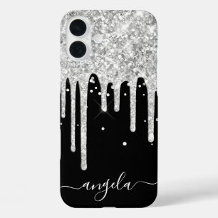 Silberne Glittertropfen Schwarze Glam-Unterschrift iPhone 16 Plus Hülle