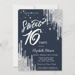Silberne Glittertropfen Sterne Marineblau Sweet 16 Einladung
