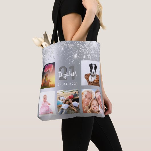 Silberne Glitzer Foto Collage Monogramm Tasche (Von Nahem)