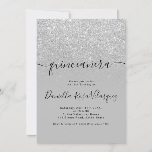 Silberne Glitzer Glitzern grau ombre quinceanera Einladung (Vorderseite)