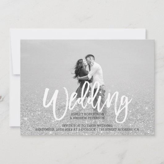 Silberne Glitzer, grau-schicke Foto Hochzeit Einladung (Vorderseite)