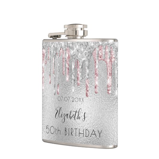 Silberne Glitzer Rosa Folie Funkelmonogramm Flachmann (Links)