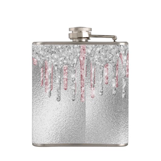 Silberne Glitzer Rosa Folie Funkelmonogramm Flachmann (Rückseite)