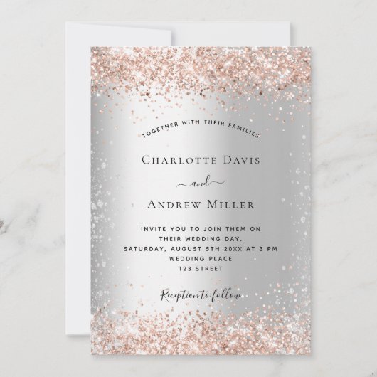 Silberne Glitzer Rose Goldfeier Einladung (Vorderseite)