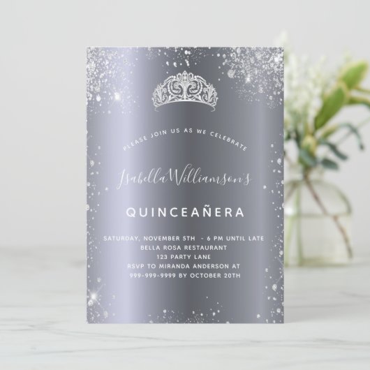 Silberne Glitzer Tiara-Krone Einladung (Stehend Vorderseite)