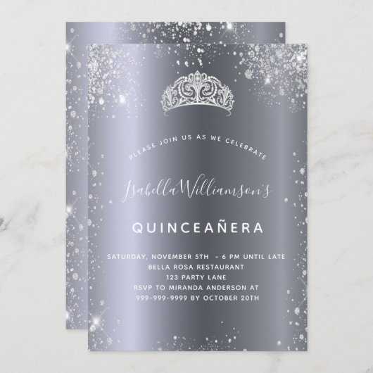 Silberne Glitzer Tiara-Krone Einladung (Vorne/Hinten)