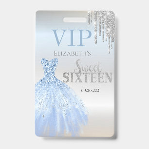 Silberne Glitzer Tropfen, blaues Kleid Silbersüß 1 Ausweis