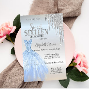 Silberne Glitzer Tropfen, blaues Kleid Silbersüß 1 Einladung