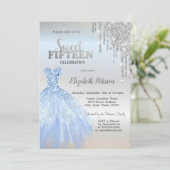 Silberne Glitzer Tropfen, blaues Kleid Silbersüß 1 Einladung (Stehend Vorderseite)