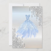 Silberne Glitzer Tropfen, blaues Kleid Silbersüß 1 Einladung (Rückseite)