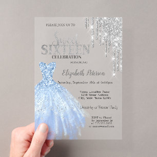 Silberne Glitzer Tropfen, blaues Kleid süß 16 Acryleinladungen