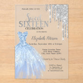 Silberne Glitzer Tropfen, blaues Kleid süß 16 Acryleinladungen (Vorderseite)