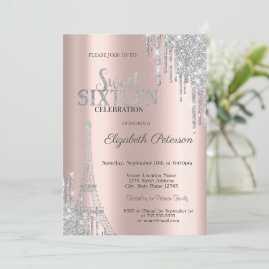 Silberne Glitzer Tropfen, Eiffelturm Sweet 16 Einladung (Stehend Vorderseite)