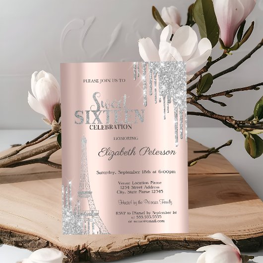 Silberne Glitzer Tropfen, Eiffelturm Sweet 16 Einladung