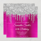 Silberne Glitzer Tropfen Hot Pink Foil 40. Geburts Einladung (Vorne/Hinten)