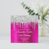 Silberne Glitzer Tropfen Hot Pink Foil 40. Geburts Einladung (Stehend Vorderseite)