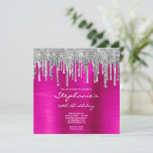 Silberne Glitzer Tropfen Hot Pink Foil 60. Geburts Einladung (Stehend Vorderseite)