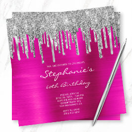 Silberne Glitzer Tropfen Hot Pink Foil 60. Geburts Einladung