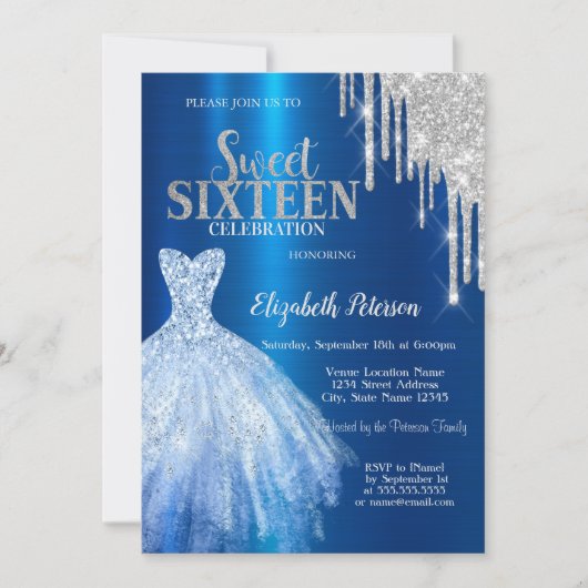 Silberne Glitzer-Tropfen, metallisches blaues Klei Einladung (Vorderseite)