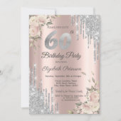 Silberne Glitzer Tropfen, Rose 60. Geburtstag Einladung (Vorderseite)