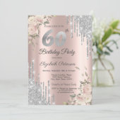 Silberne Glitzer Tropfen, Rose 60. Geburtstag Einladung (Stehend Vorderseite)