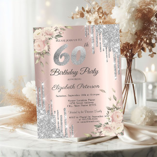 Silberne Glitzer Tropfen, Rose 60. Geburtstag Einladung
